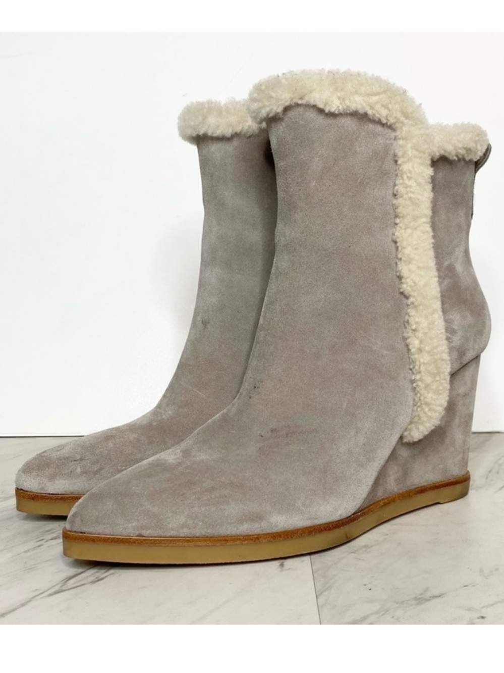 Marc Fisher Brendan Gray Suede Fur Cuff Wedge Boot 9M